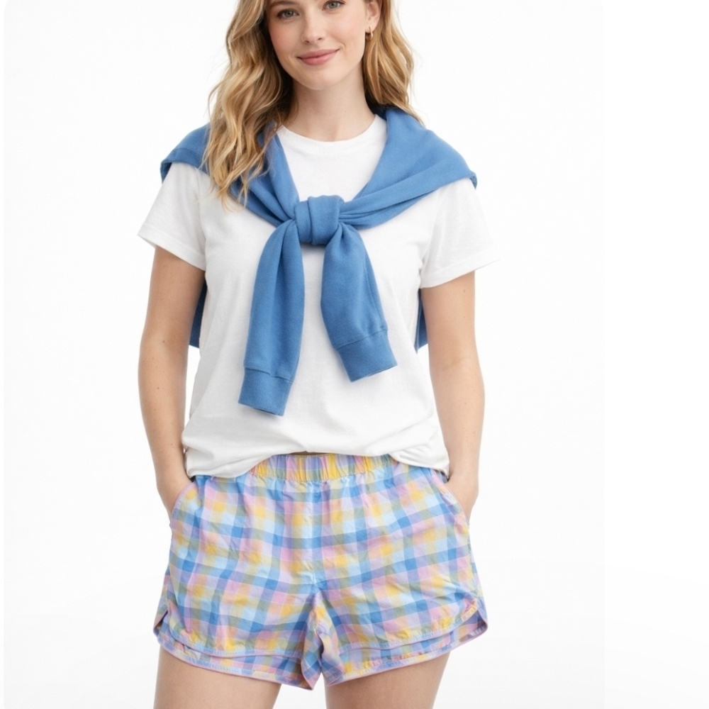 Lands' End Women's Plaid Shorts 100% Cotton Elastic Waist Sz Large Preppy Beach